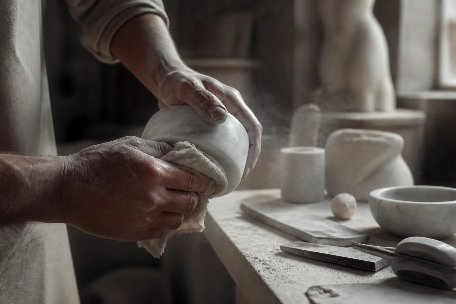 A maker hand-polishing a small white Carrara marble object, marble dust in the light