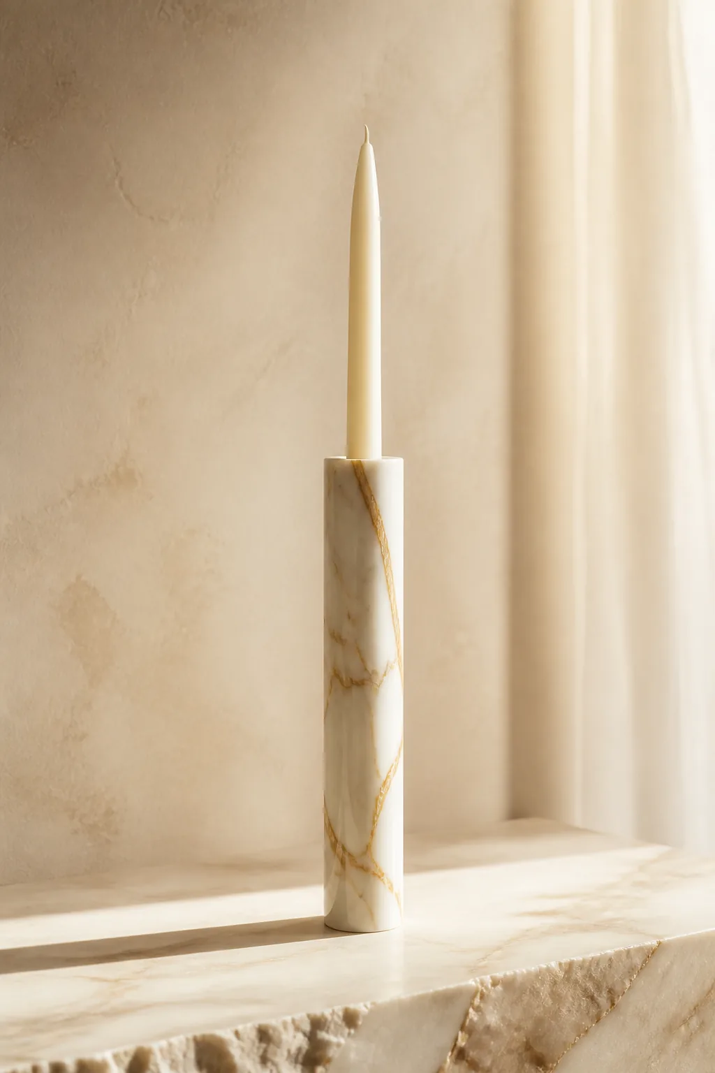 Slender Calacatta Oro marble taper candle holder with an ivory candle