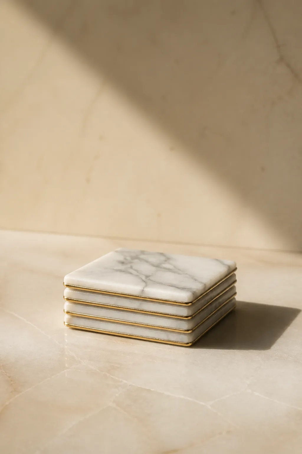 Stack of four white Carrara marble coasters with a thin gold edge