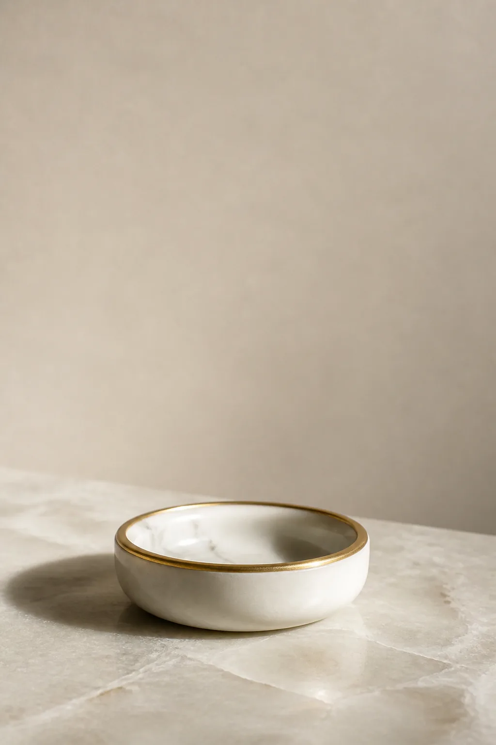Round white Carrara marble ring dish with a brushed gold rim