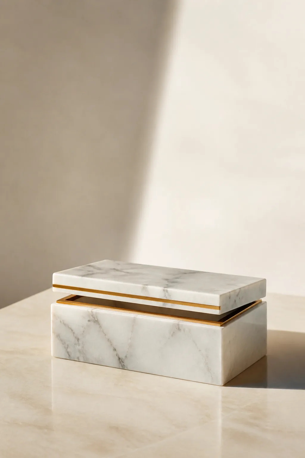 Rectangular white marble keepsake box with a gold inlay line and lid ajar